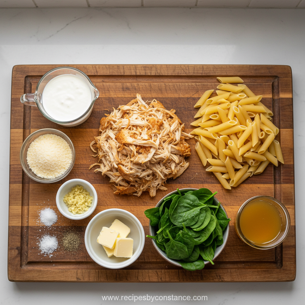 Ingredients for creamy rotisserie chicken pasta including pasta, chicken, cream, cheese, and vegetables