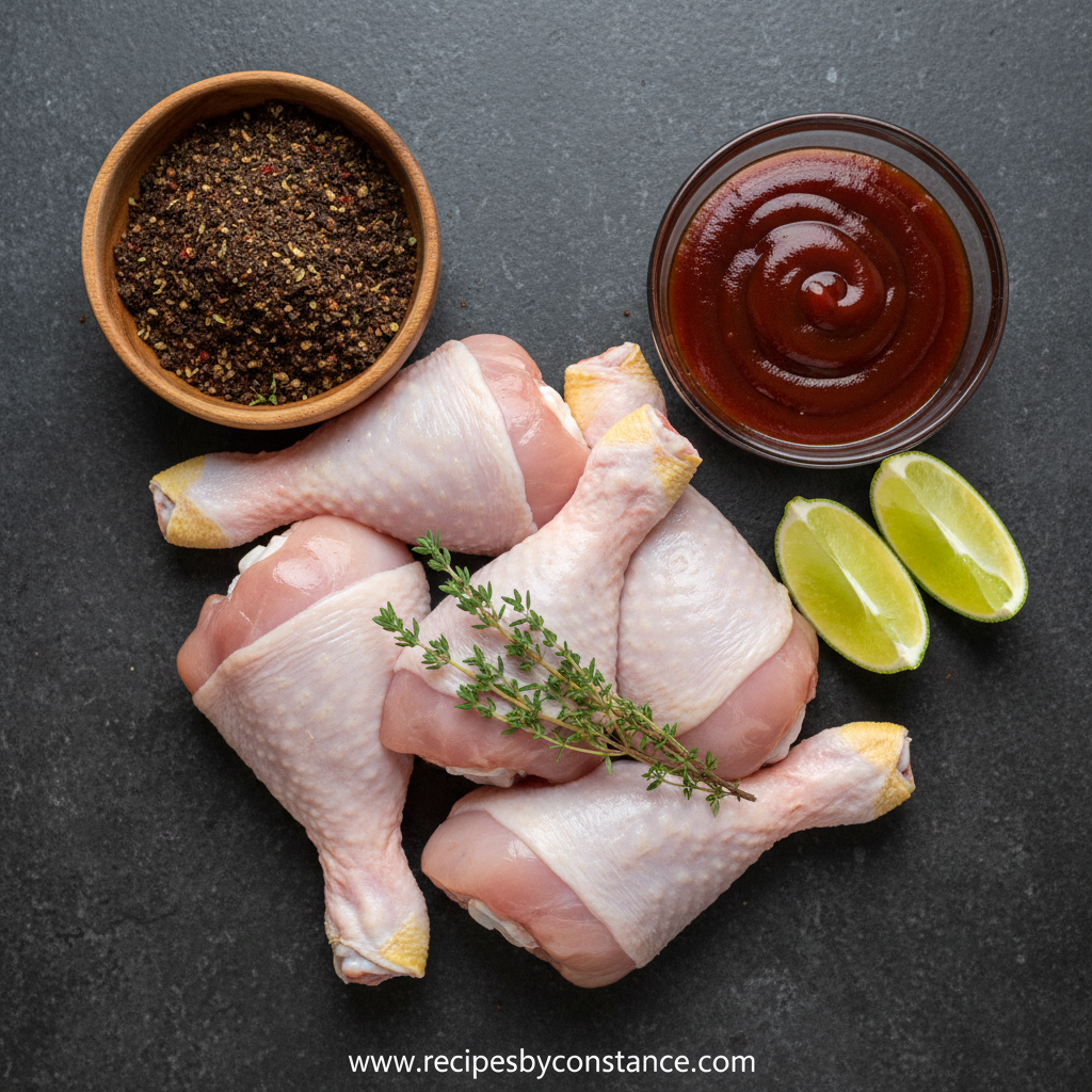 Ingredients for Jamaican jerk seasoning including spices, herbs, and chicken legs