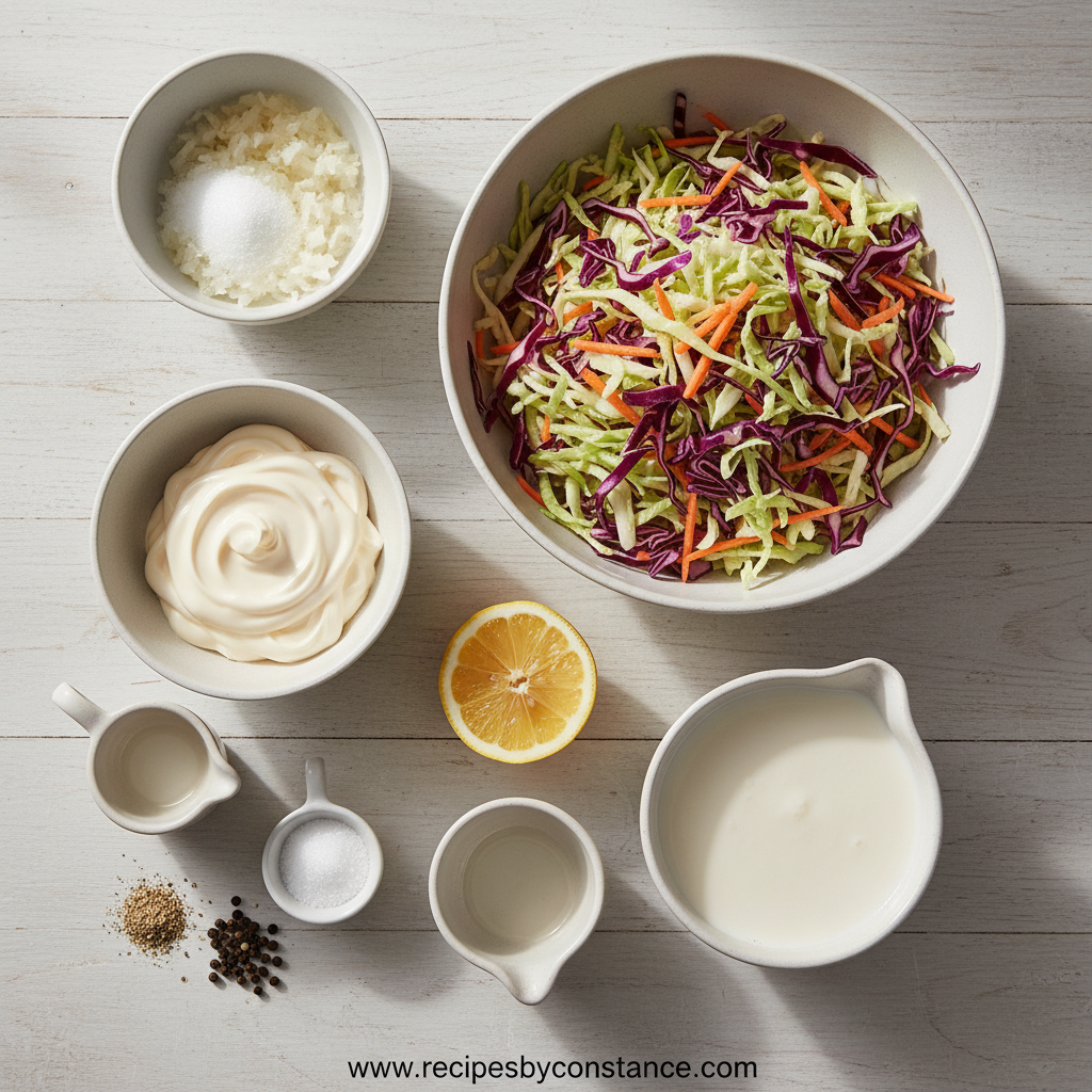 Fresh cabbage, carrots, and coleslaw dressing ingredients arranged on counter