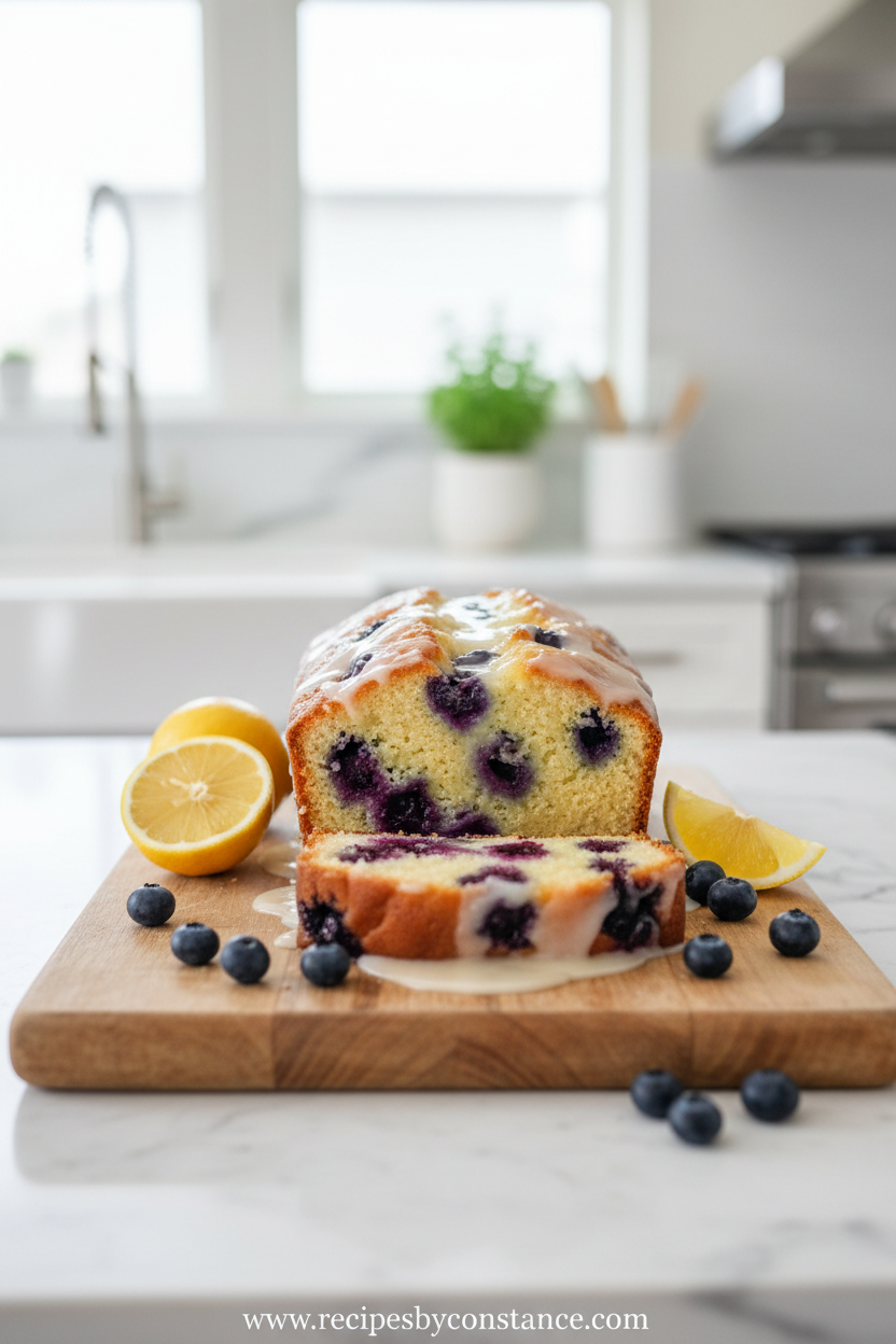 Beautiful lemon blueberry loaf with drizzled lemon glaze on a wooden cutting board