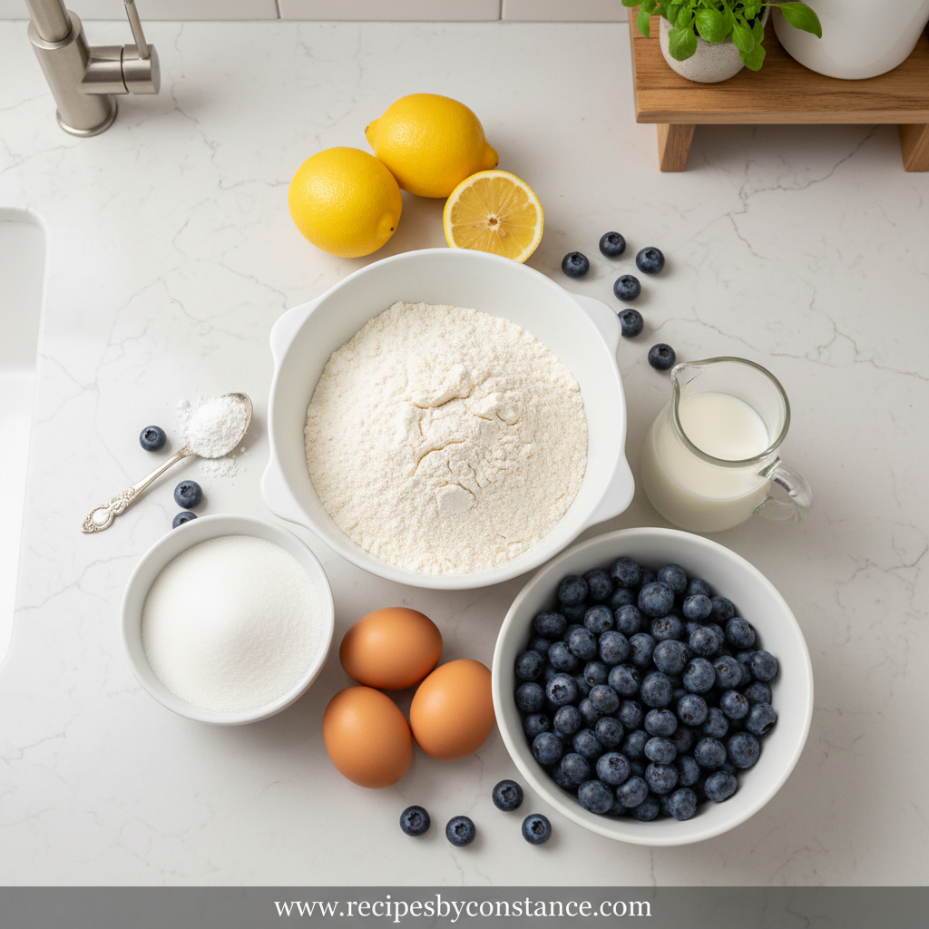 All ingredients needed for lemon blueberry loaf laid out on counter