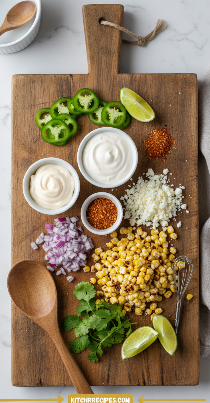 Ingredients for Mexican street corn salad including corn, lime, cotija cheese, and spices