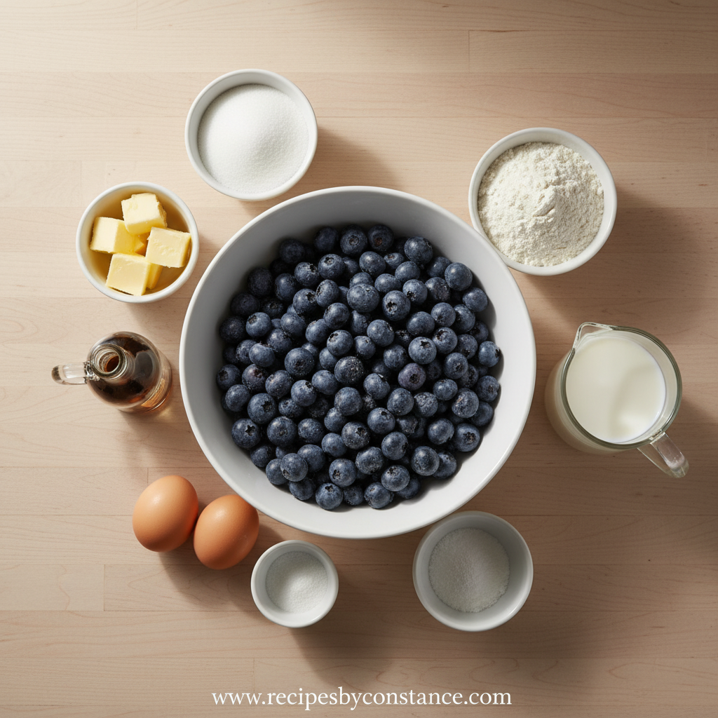Ingredients for making bakery-style blueberry muffins