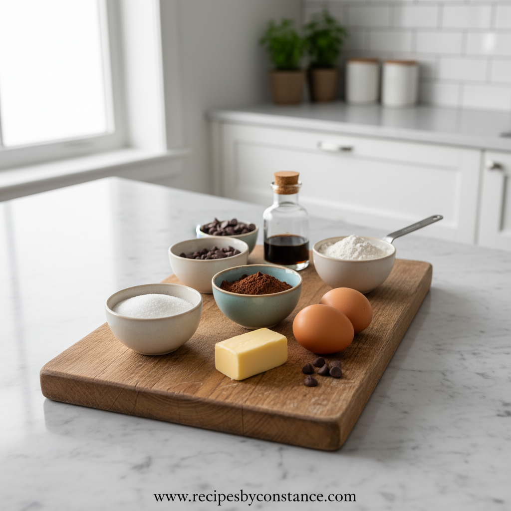 Ingredients for making moist fudgy chocolate cake