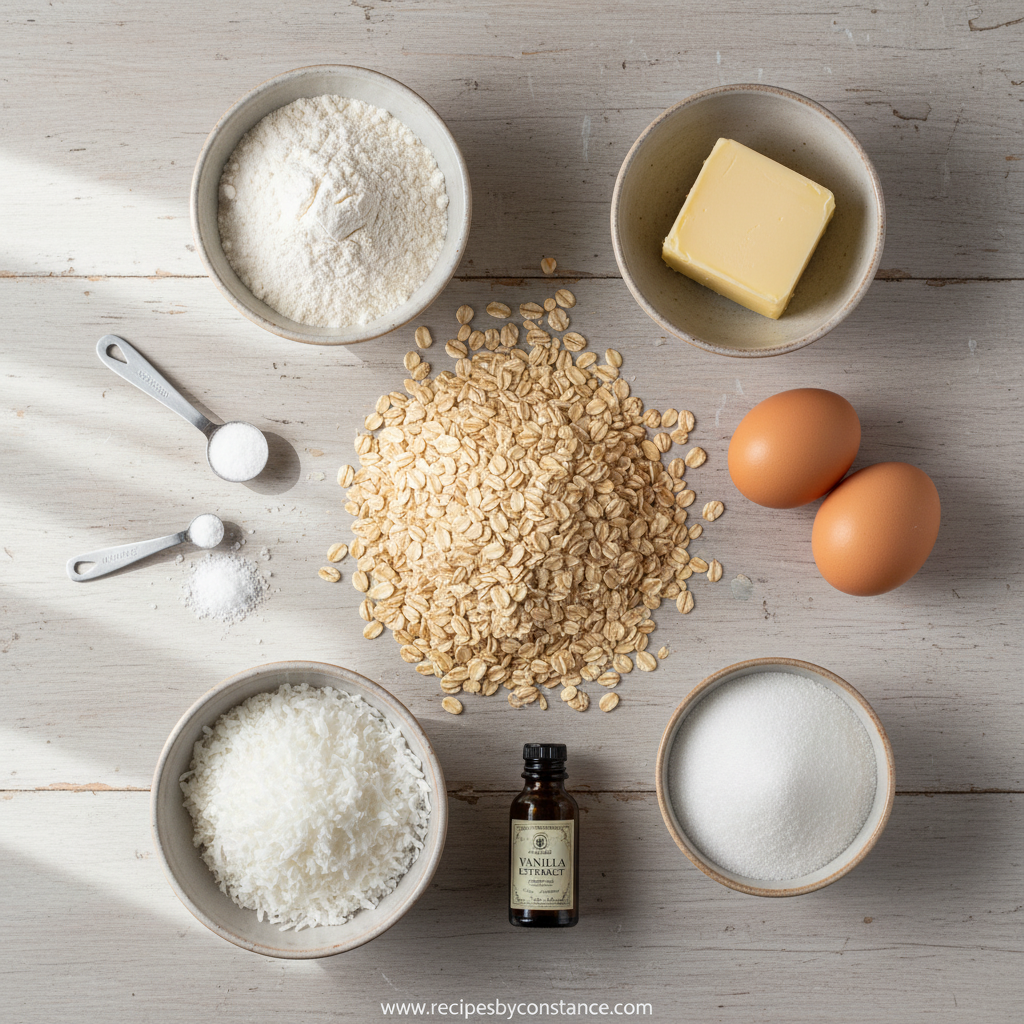 Ingredients for oatmeal coconut cookies including oats, coconut, flour, and spices