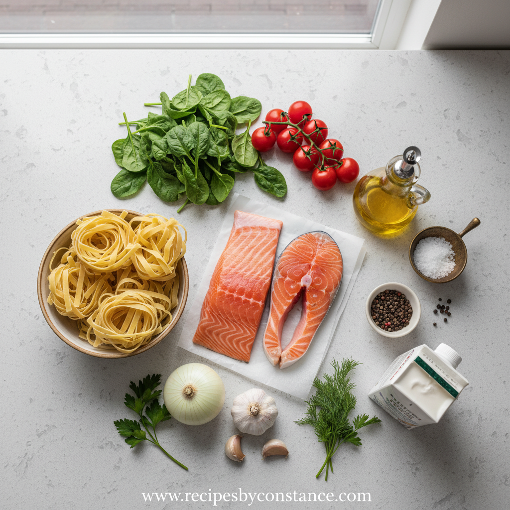 Ingredients for creamy salmon pasta