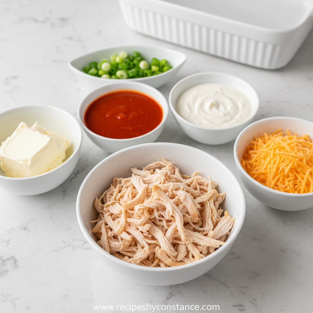 Ingredients for buffalo chicken dip including cream cheese, chicken, buffalo sauce, and cheese