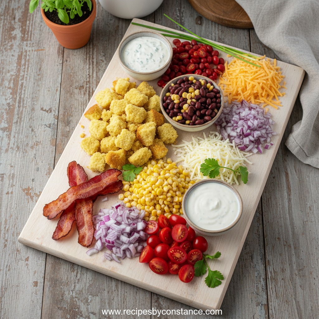Fresh ingredients for Paula Deen cornbread salad including cornbread, vegetables, and dressing