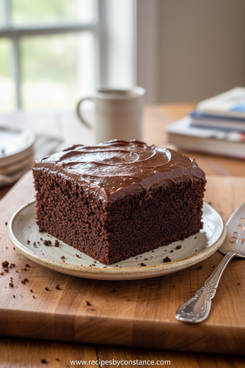 Decadent chocolate sheet cake with fudgy icing ready to serve