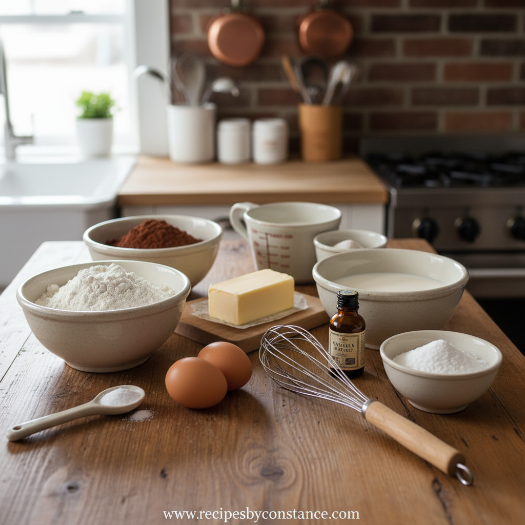 Ingredients for chocolate sheet cake including flour, sugar, cocoa powder and butter