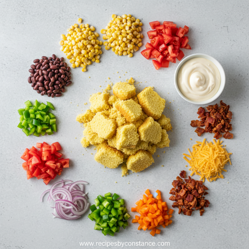 Ingredients for cornbread salad including cornbread, vegetables, and dressing