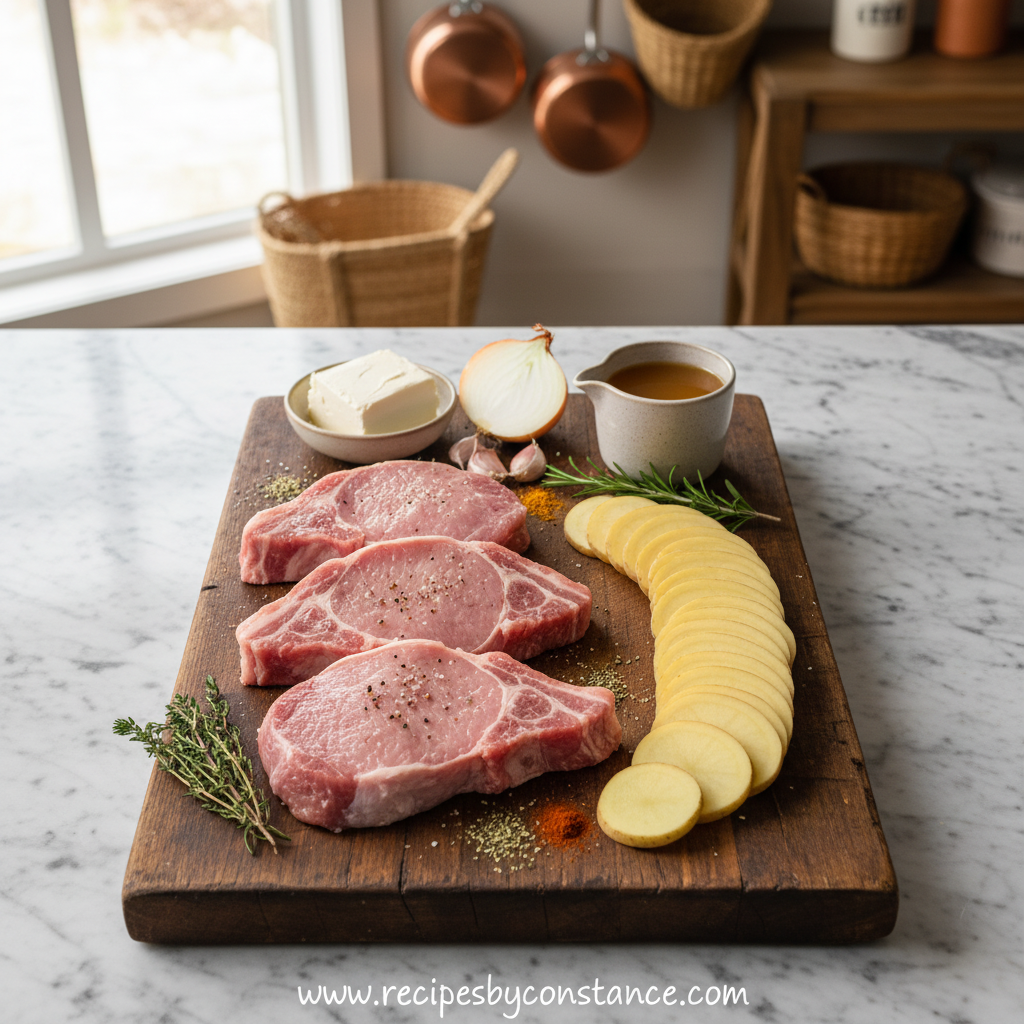 Ingredients for smothered beef chop and scalloped potato casserole