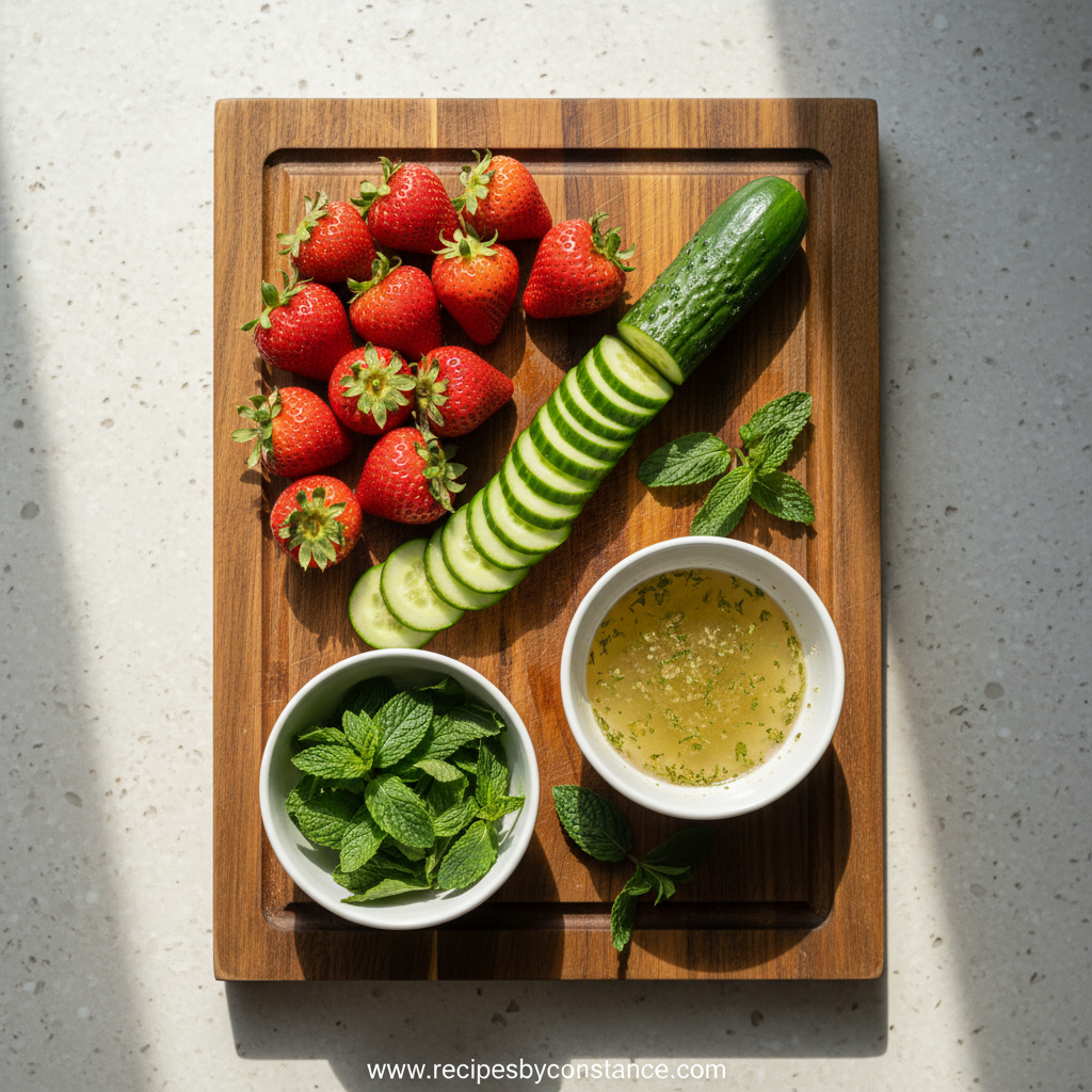 Ingredients for strawberry cucumber salad including strawberries, cucumber, feta, mint, and basil