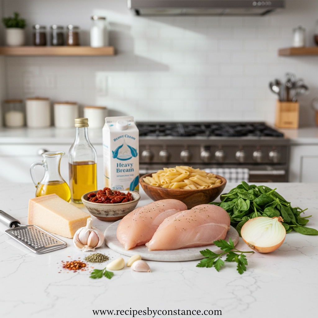 Ingredients for Marry Me Chicken Pasta including chicken, pasta, sun-dried tomatoes, and herbs