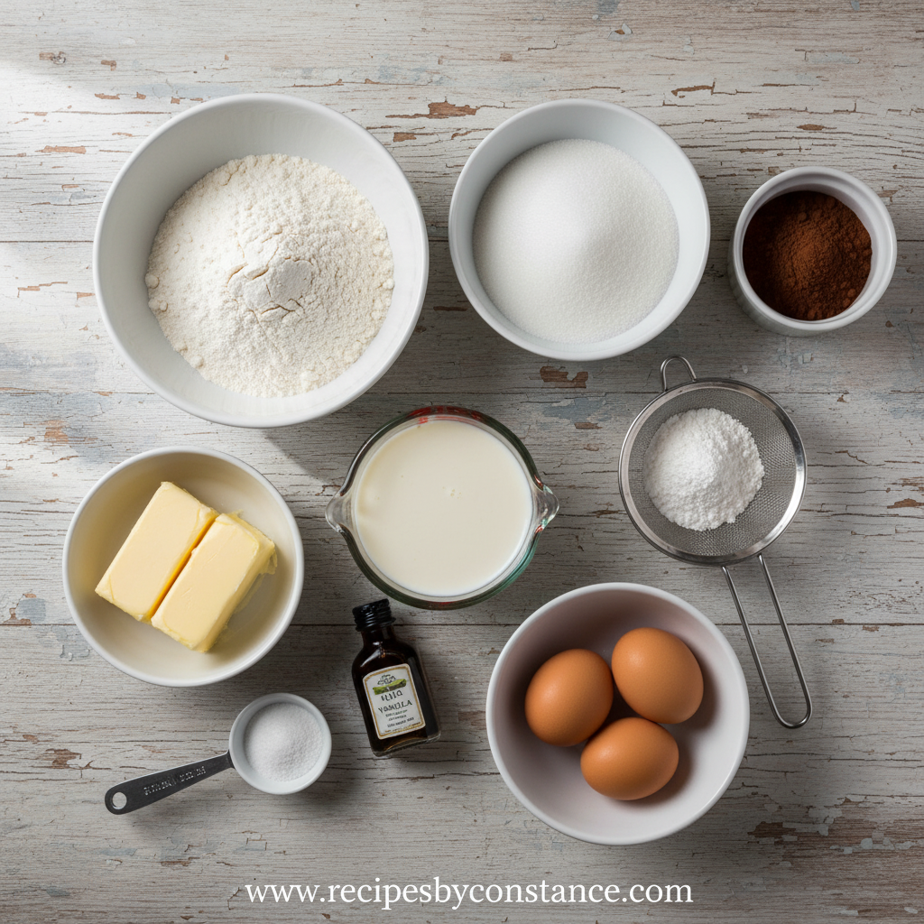 Ingredients for Texas chocolate sheet cake including flour, cocoa powder, and sour cream