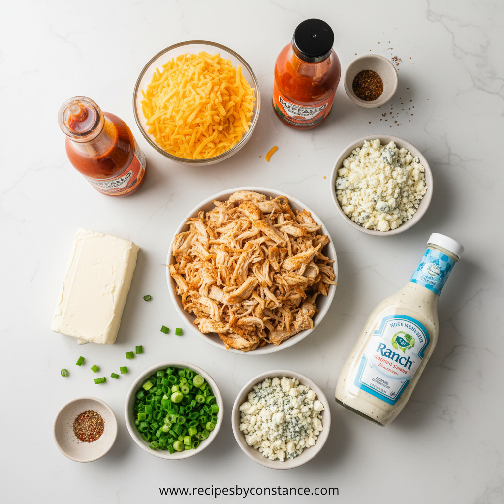 Buffalo chicken dip ingredients laid out