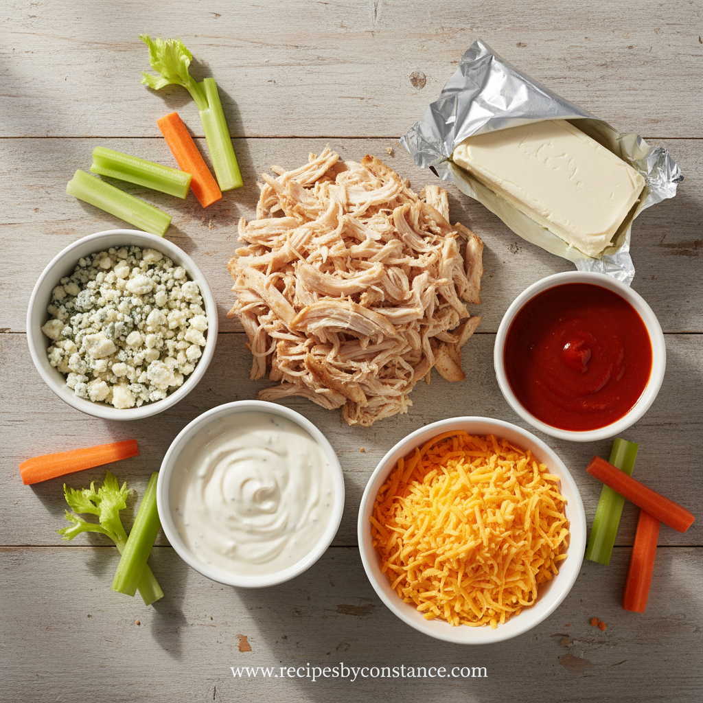 Ingredients for buffalo chicken dip: cream cheese, buffalo sauce, cooked chicken, cheddar cheese, ranch dressing