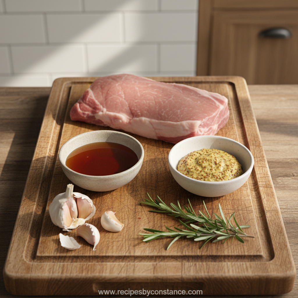 Ingredients for maple mustard glaze: maple syrup, mustard, garlic, herbs