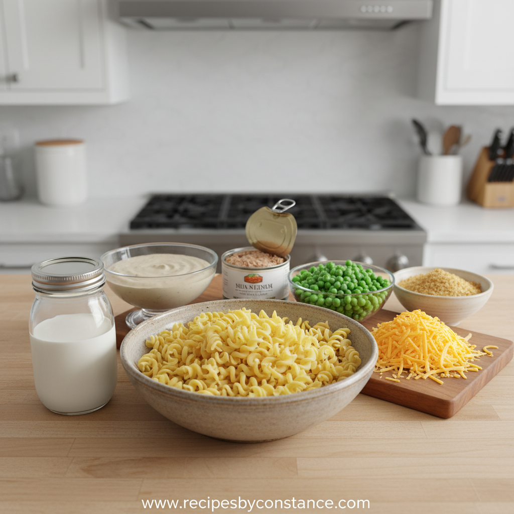 Ingredients for making tuna noodle casserole