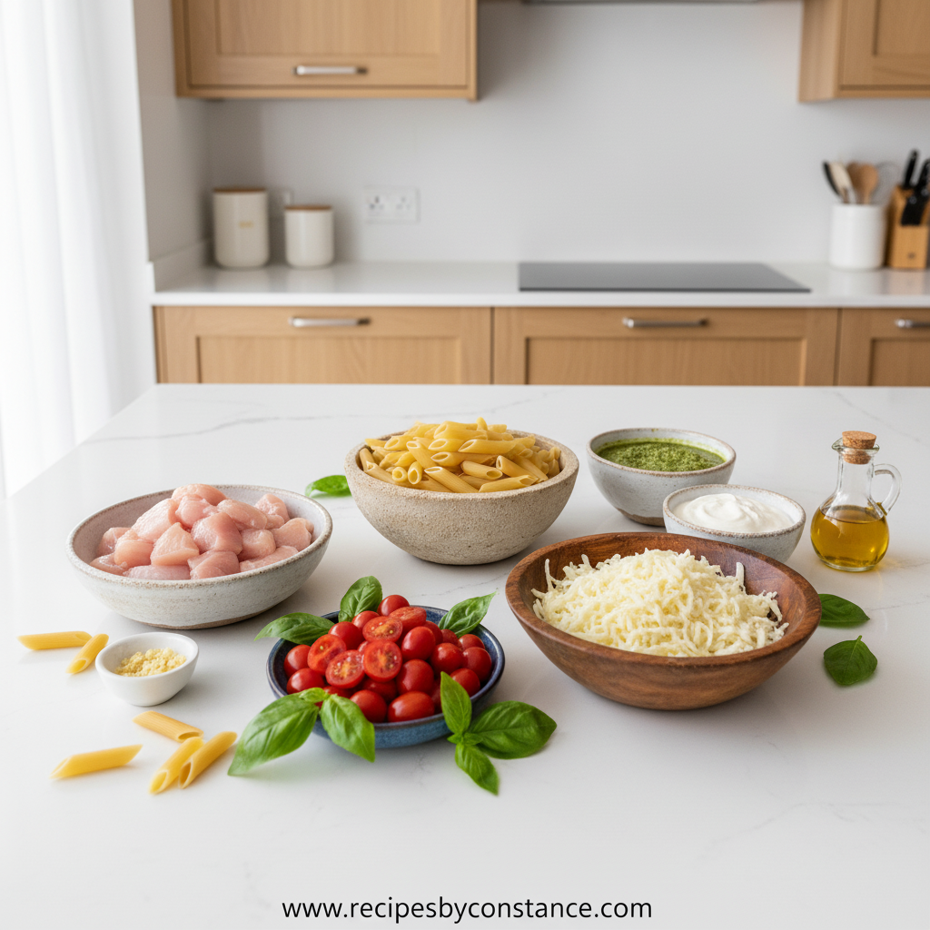 Ingredients for creamy pesto chicken pasta bake