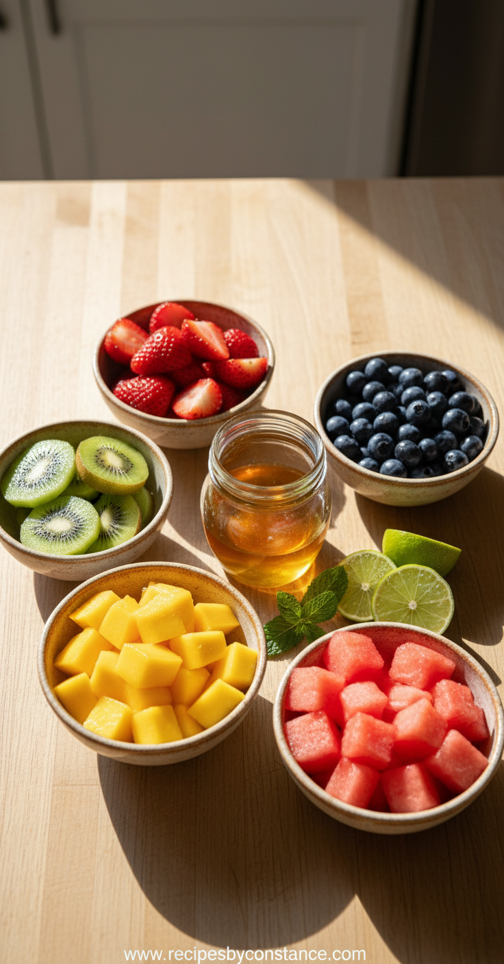 Ingredients for honey lime fruit salad including honey, lime, and assorted fruits