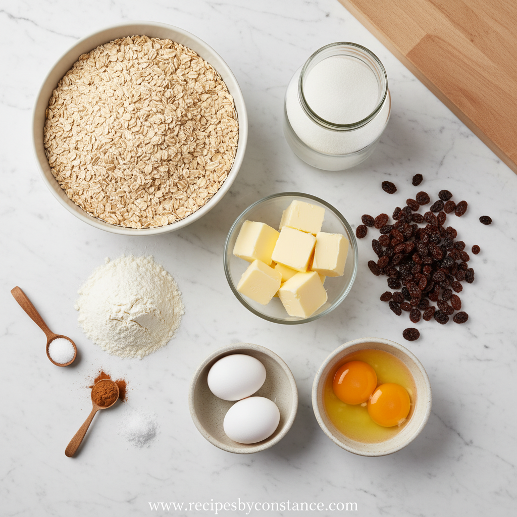 Ingredients for making oatmeal cookies including oats, flour, butter, and brown sugar