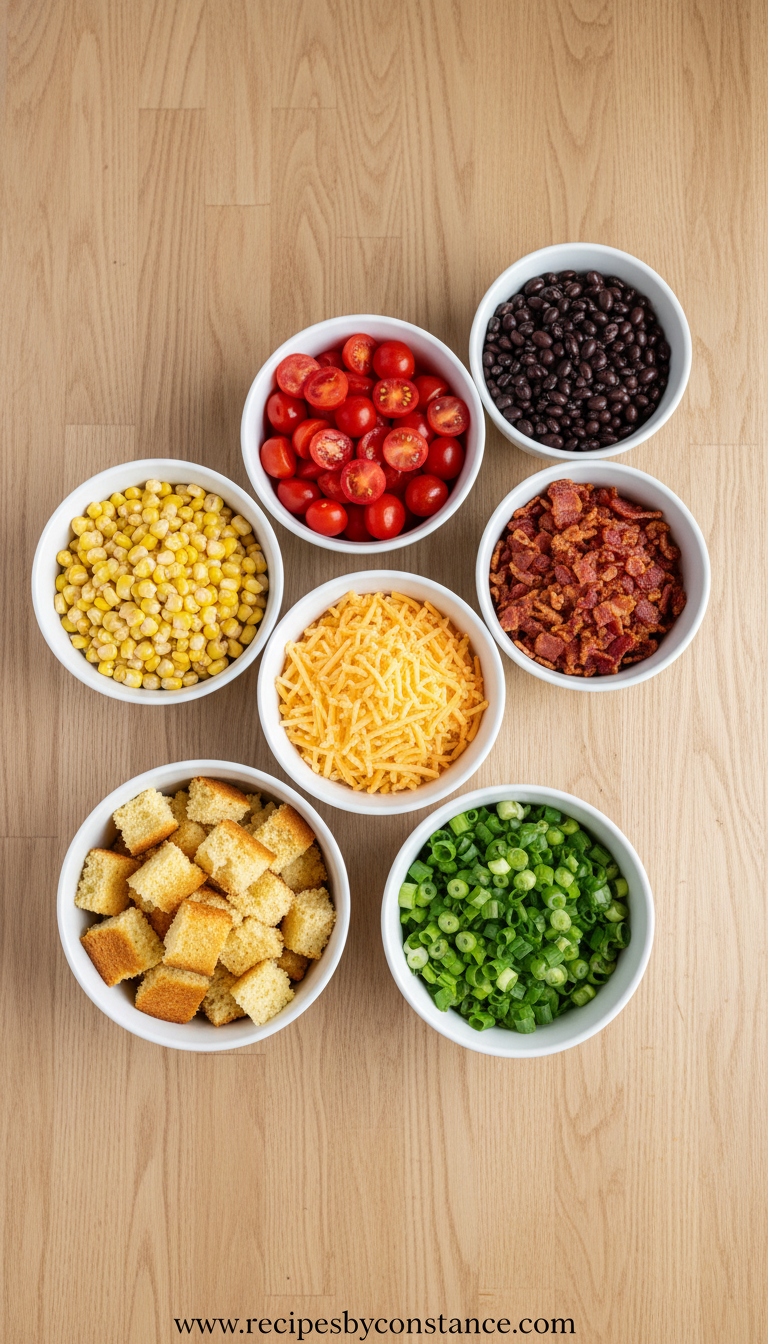 Fresh ingredients for colorful cornbread salad including corn, bell peppers, and cornbread