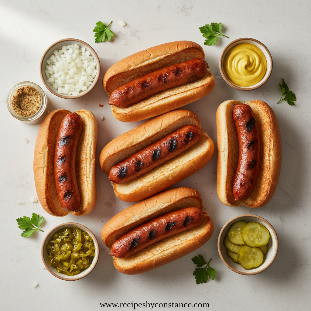 Ingredients for Chicago-style hot dog including beef dogs, tomatoes, relish, and peppers