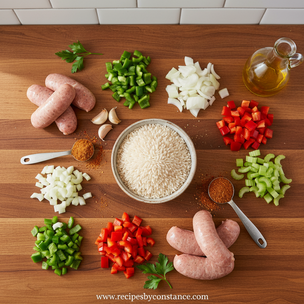 Ingredients for Cajun chicken sausage rice skillet