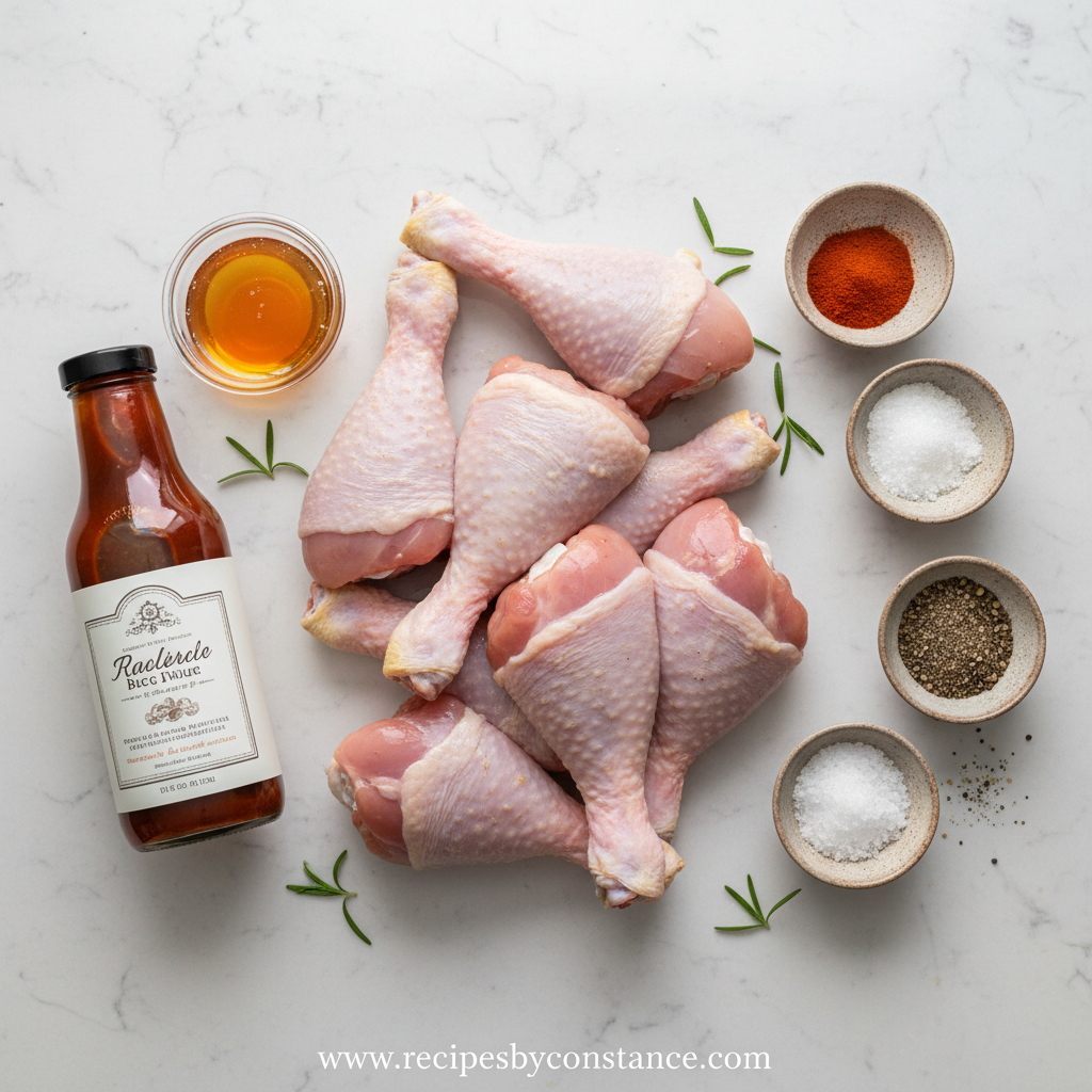 Ingredients for grilled BBQ chicken legs including chicken, spices, and barbecue sauce