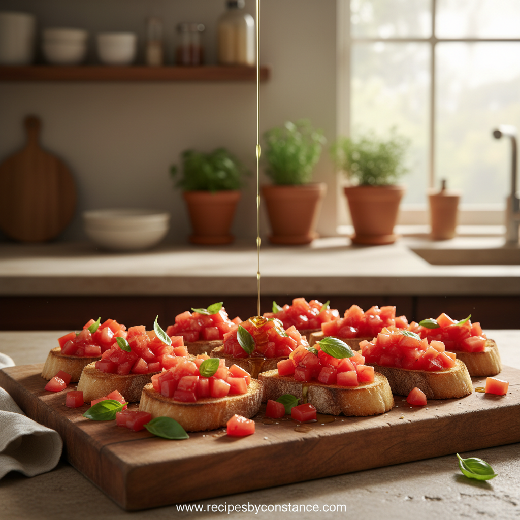 Authentic Italian Bruschetta served on a rustic wooden board