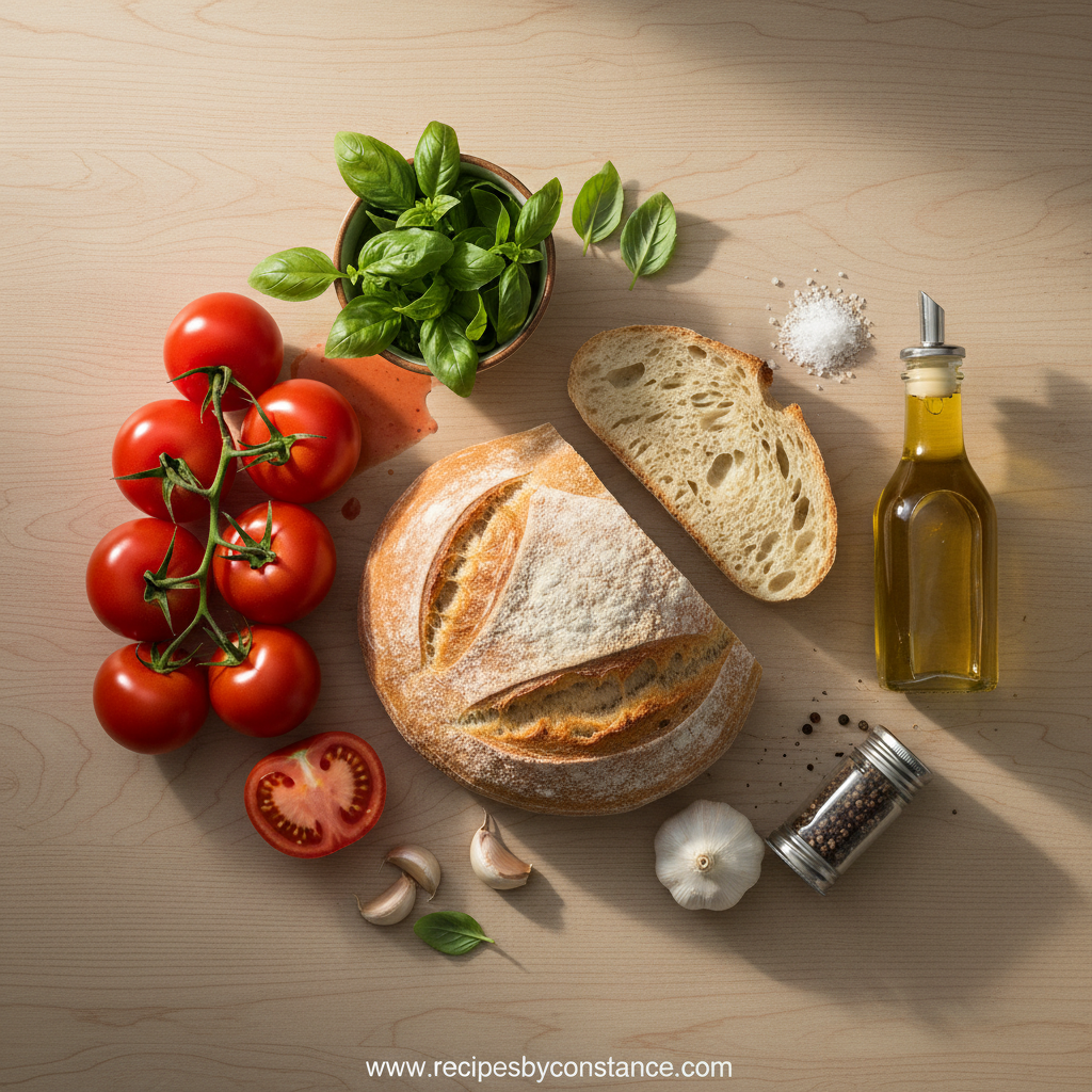 Fresh ingredients for bruschetta: tomatoes, basil, garlic, and bread