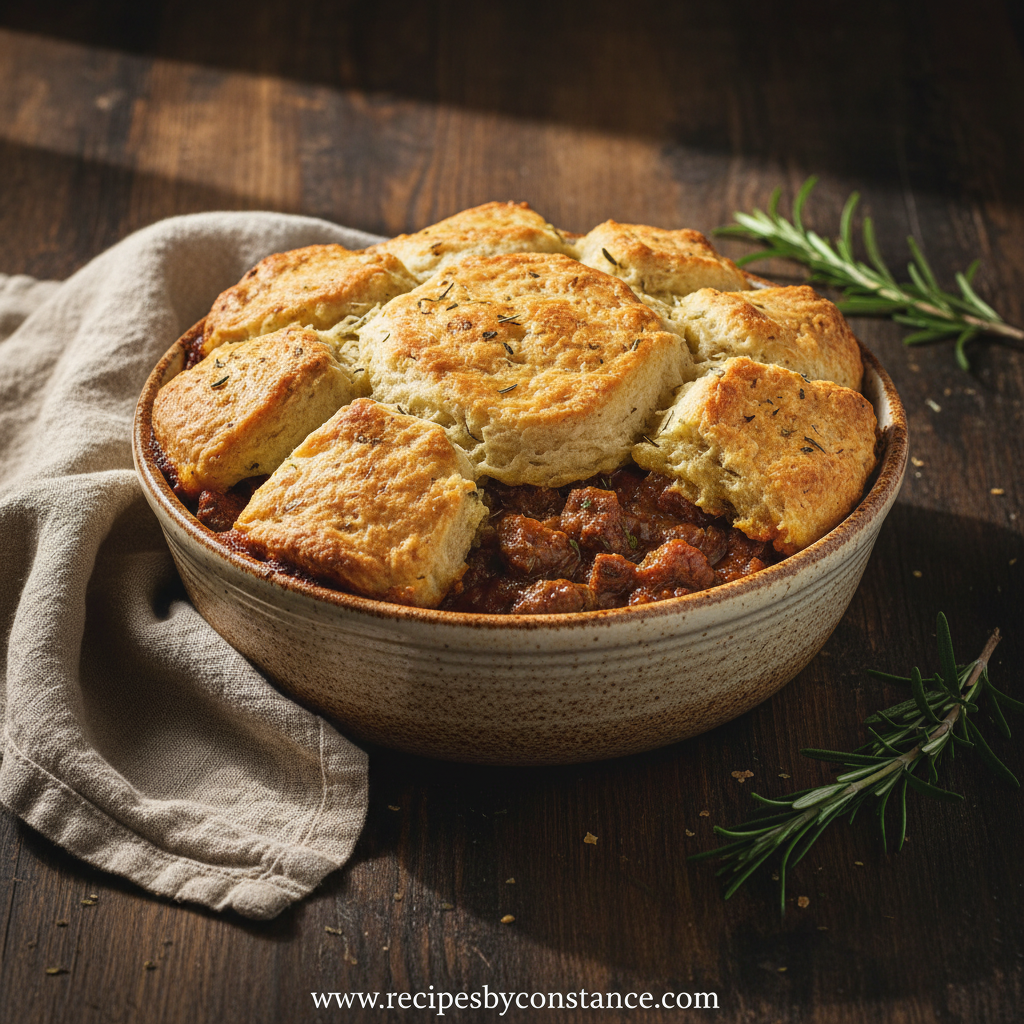 Herbed biscuit beef pot pie with a golden crust