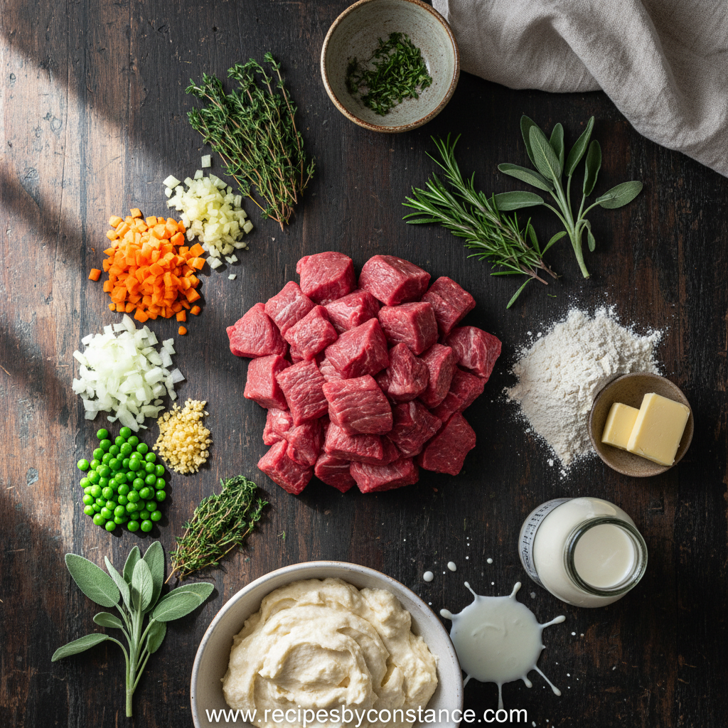 Ingredients for herbed biscuit beef pot pie