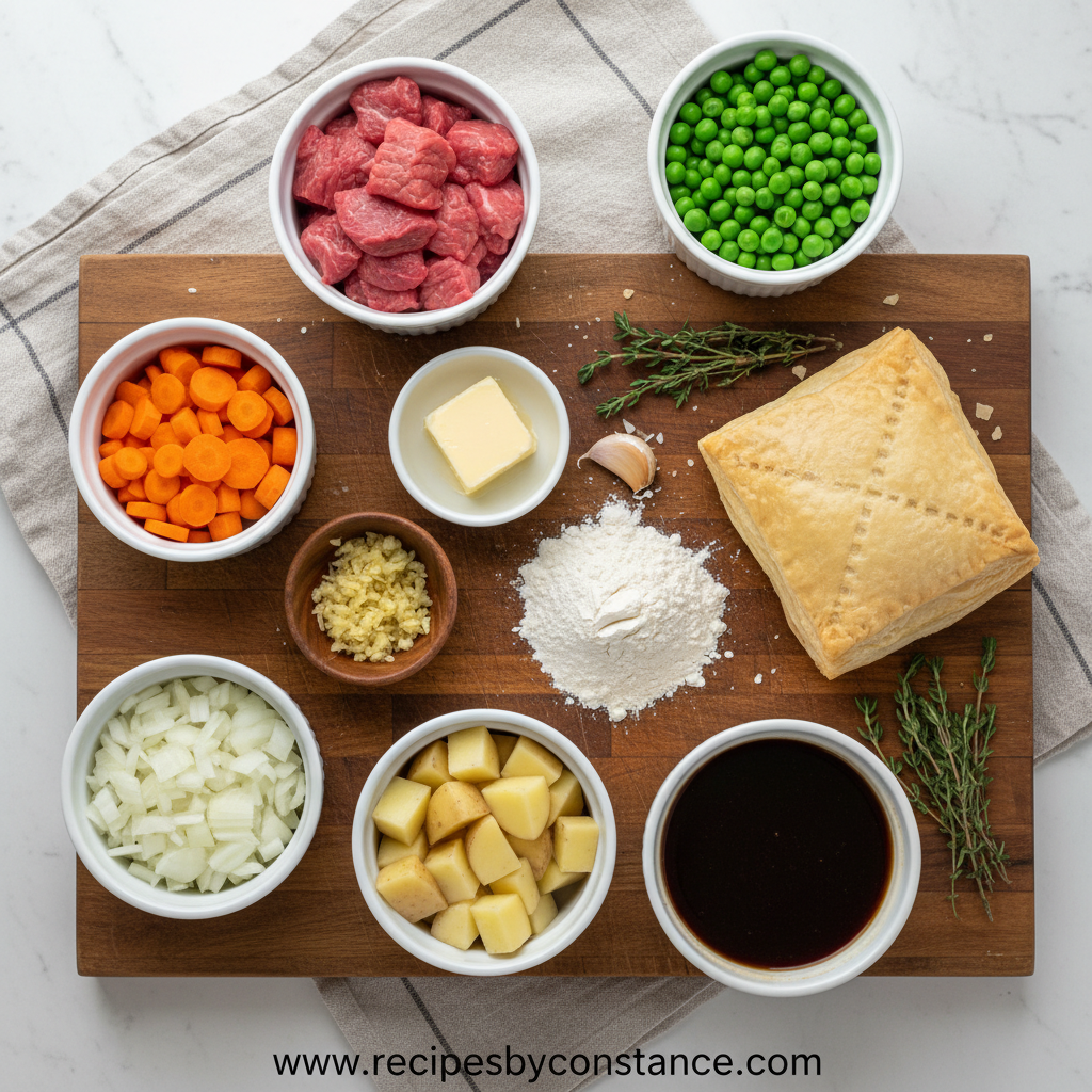 Ingredients for beef pot pie: beef, vegetables, and pastry