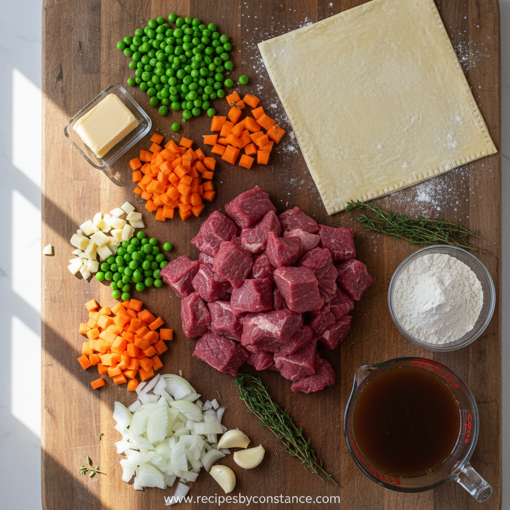 Ultimate Beef Pot Pie Comfort: A Hearty and Flaky Pastry Recipe 2 Ingredients for beef pot pie laid out on a counter