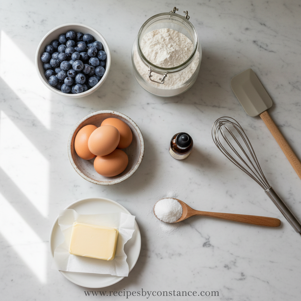 Ingredients for blueberry muffins with crumble topping