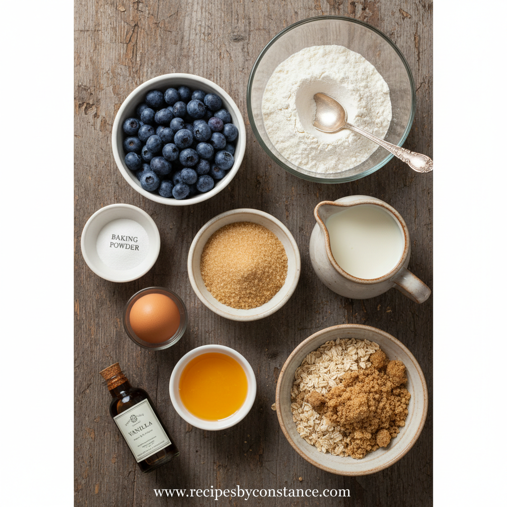 Ingredients for blueberry muffins with crumble topping