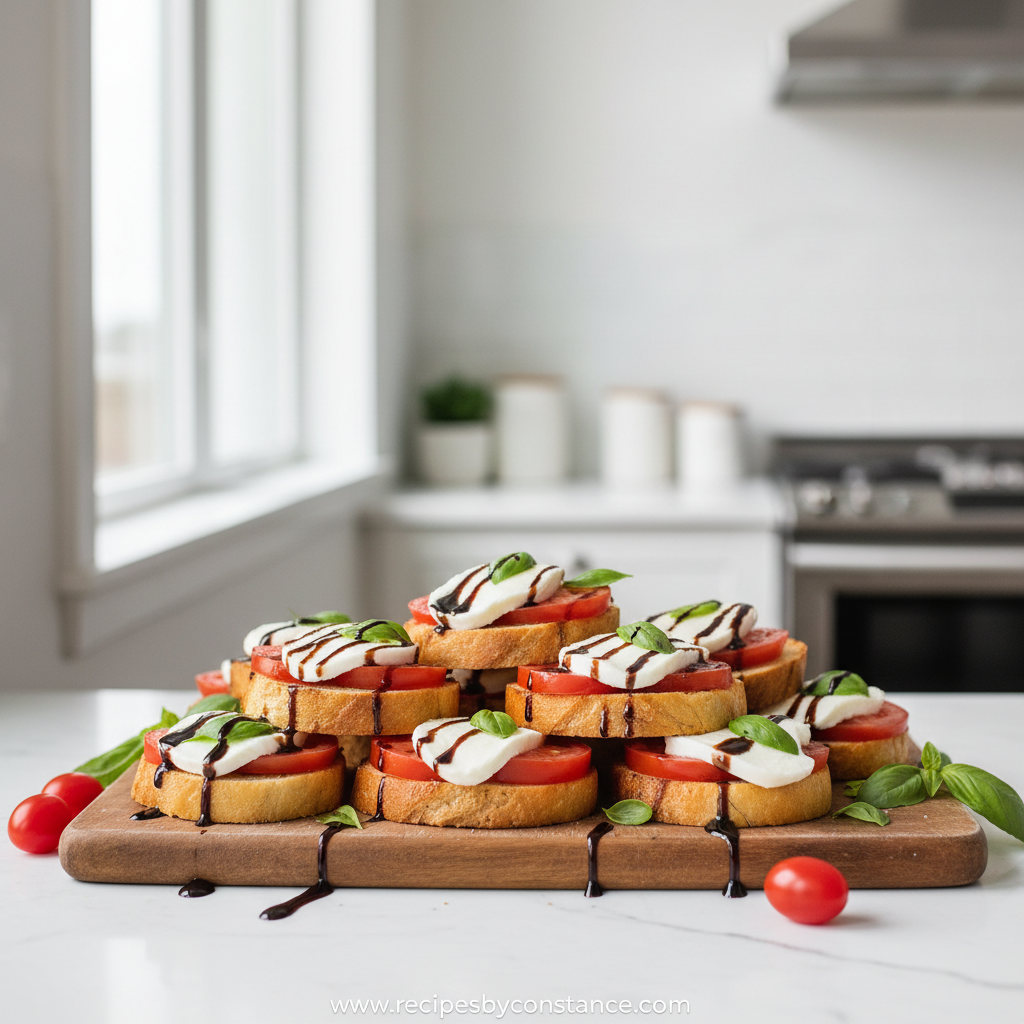 Caprese Bruschetta on a wooden board