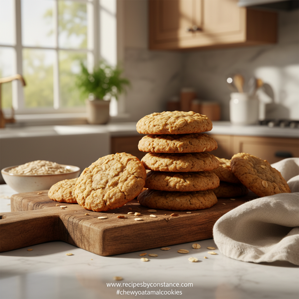Chewy oatmeal cookies on a baking tray