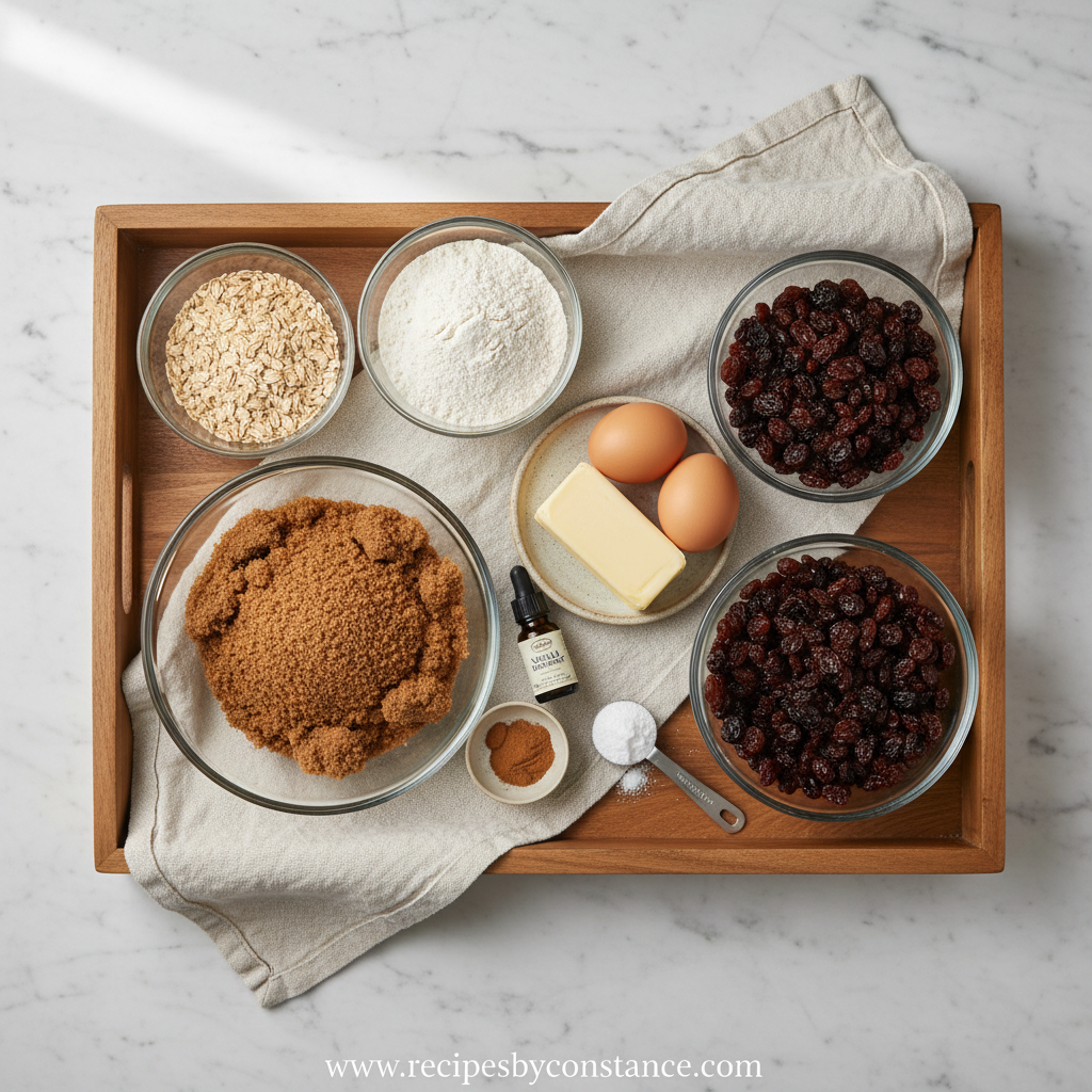 Ingredients for chewy oatmeal cookies
