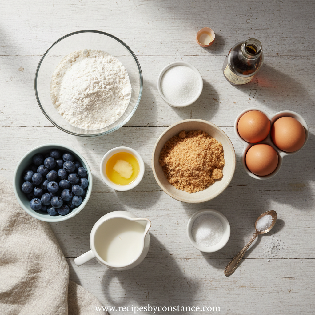 Ingredients for blueberry muffins with crumble topping