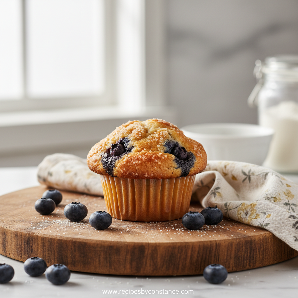 Freshly baked blueberry muffins with a golden dome top