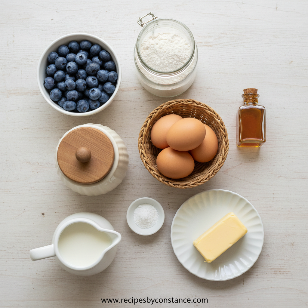 Ingredients for blueberry muffins: flour, sugar, blueberries, eggs, butter, and more