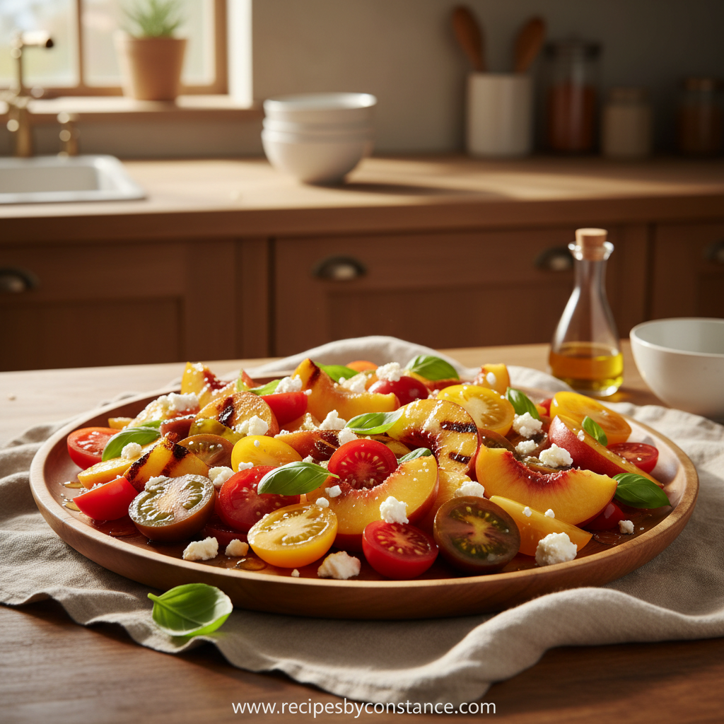 Peach Heirloom Tomato Salad served in a bowl