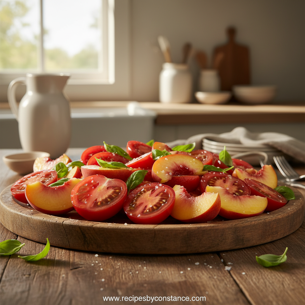 Tomato Peach Salad served in a bowl