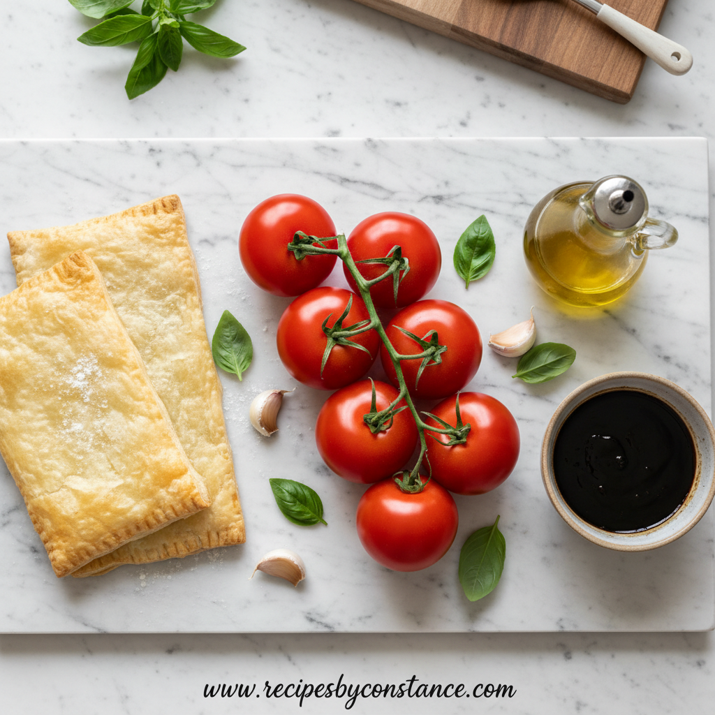 Ingredients for tomato puff pastry tart
