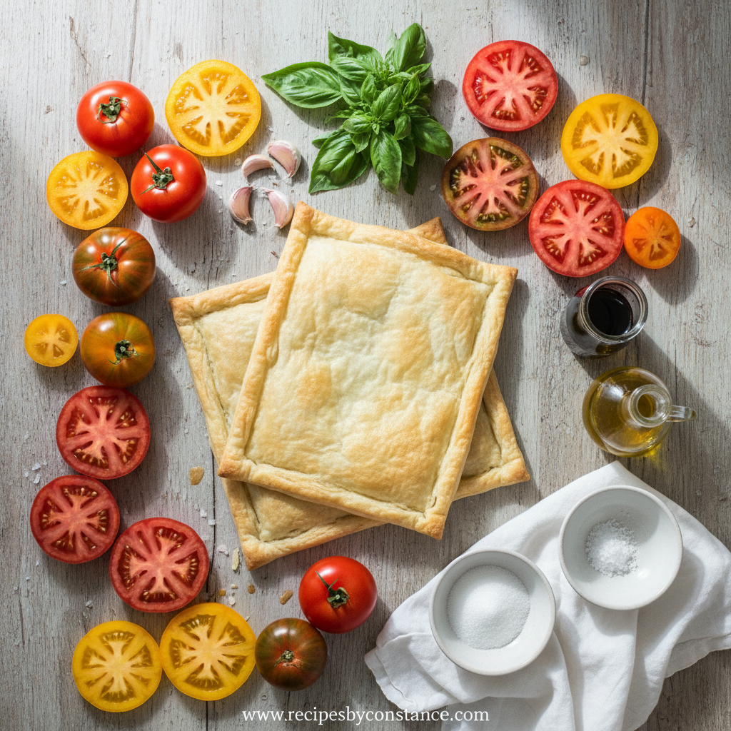 Fresh ingredients for the tomato tart including tomatoes, herbs, and pastry dough